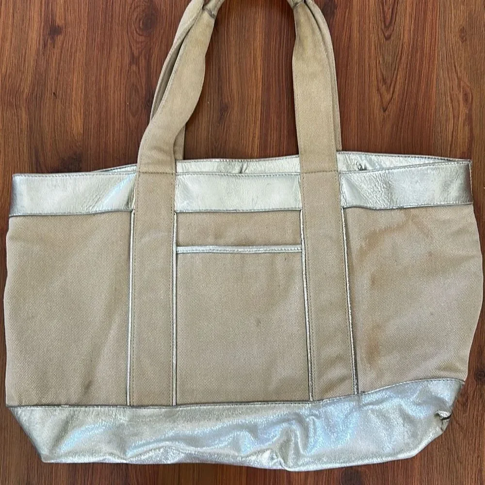 Tory Burch canvas and silver leather large tote bag